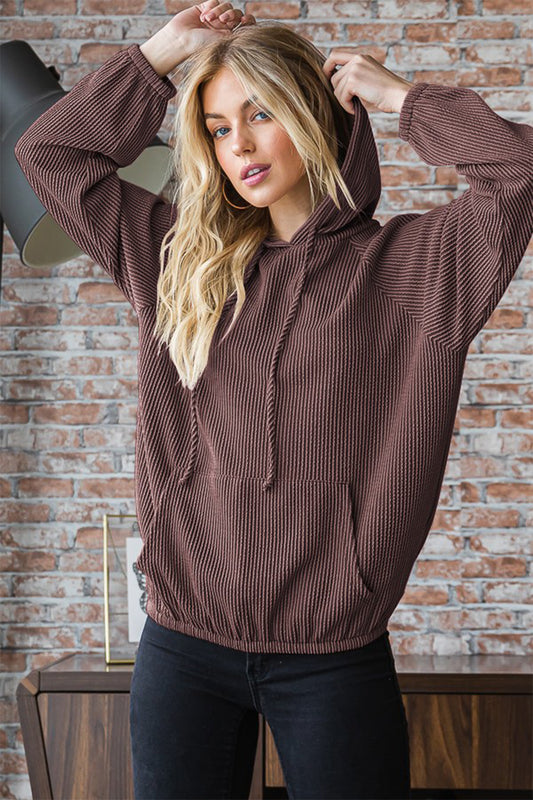 Gaea  Ribbed Long Sleeve Hoodie with Kangaroo Pocket - ThingsWeUseAndLove Brown-L