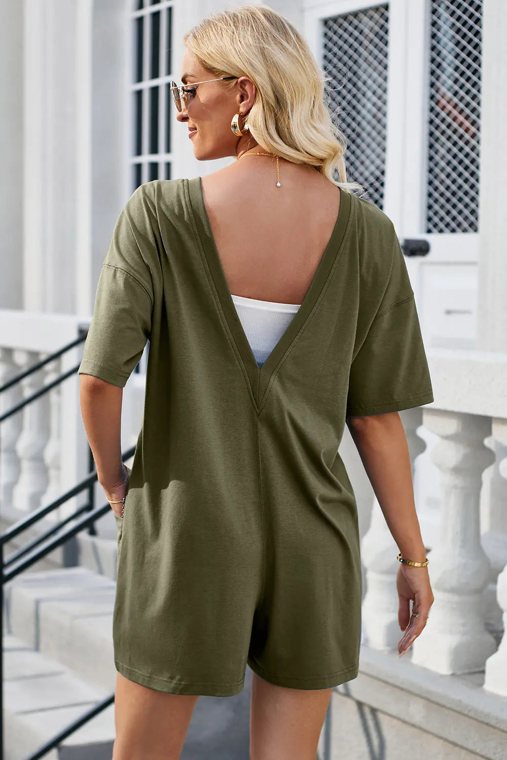 Backless Round Neck Half Sleeve Romper - ThingsWeUseAndLove 