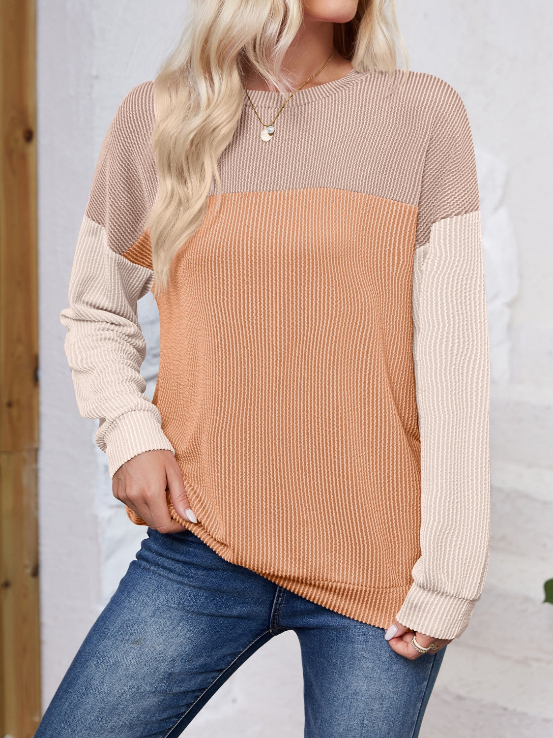 Ursina Color Block Round Neck Long Sleeve Sweatshirt - ThingsWeUseAndLove 