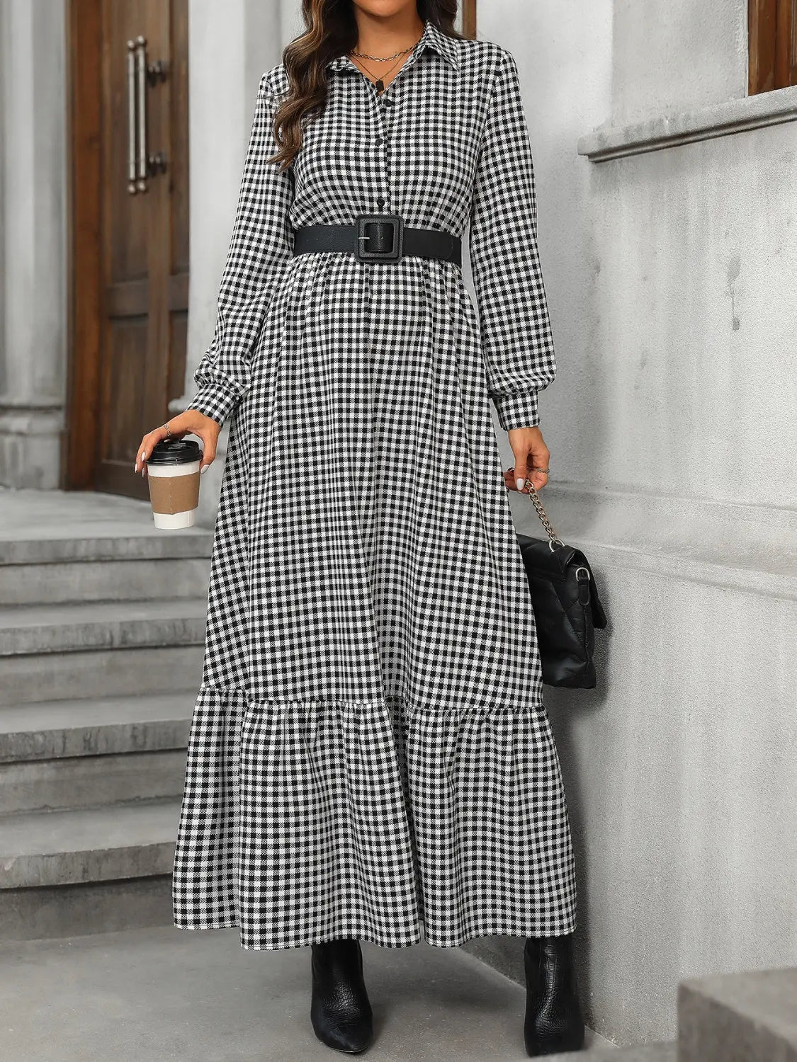 Ruffle Hem Plaid Long Sleeve Dress - ThingsWeUseAndLove 