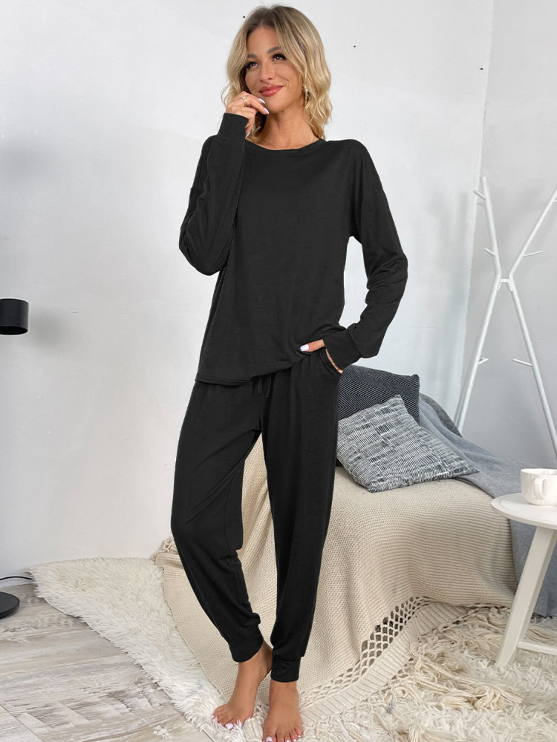 Zya Round Neck Top and Drawstring Pants Lounge Set - ThingsWeUseAndLove 