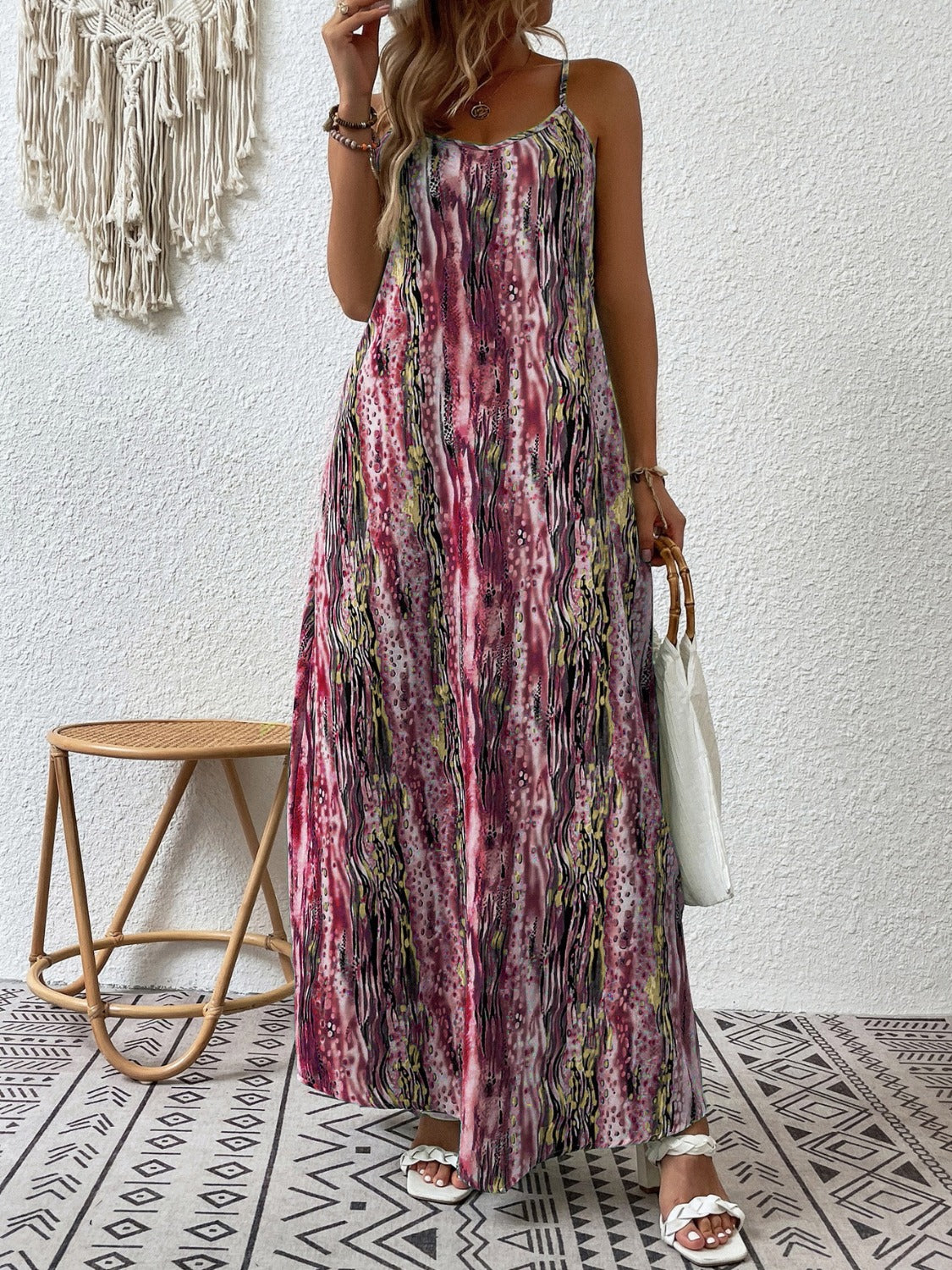 Full Size Printed Scoop Neck Maxi Cami Dress - ThingsWeUseAndLove Burgundy-5XL