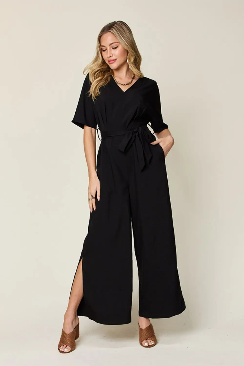 Size Inclusive V-Neck Tied Side Slit Jumpsuit - ThingsWeUseAndLove Black-3XL