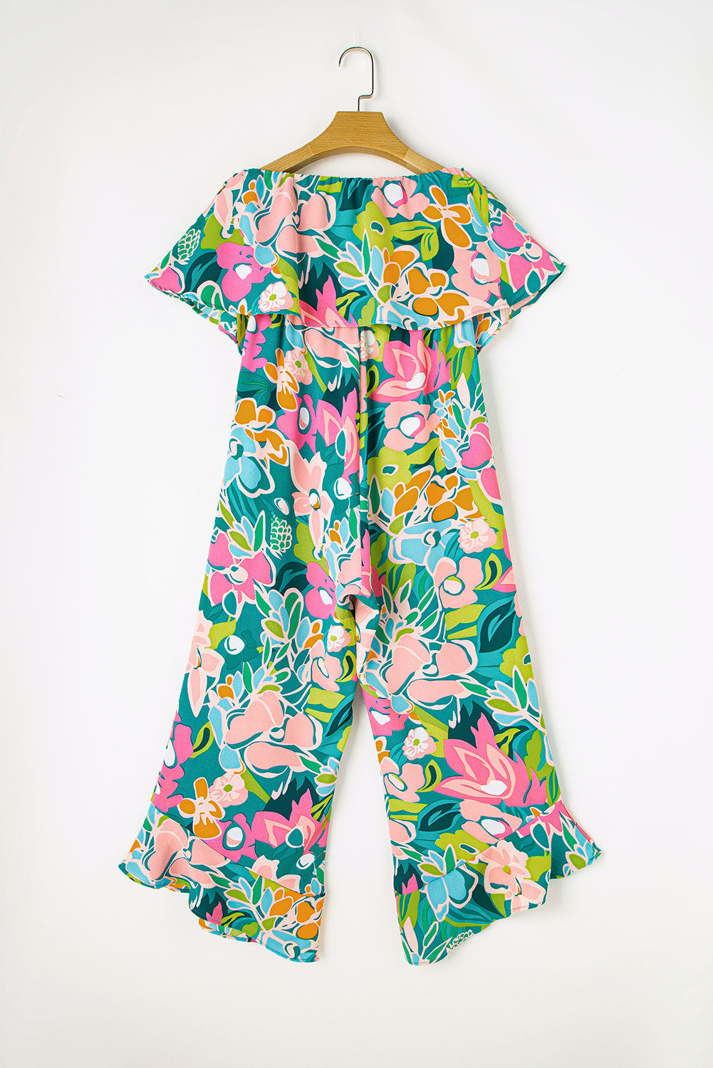 Tropical Print Strapless Ruffle Jumpsuit - ThingsWeUseAndLove 