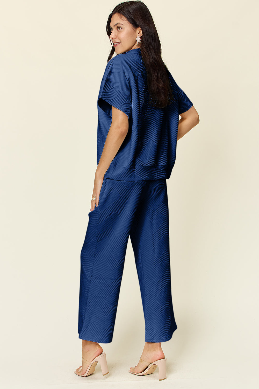 Texture Half Zip Short Sleeve Top and Pants Set - ThingsWeUseAndLove 