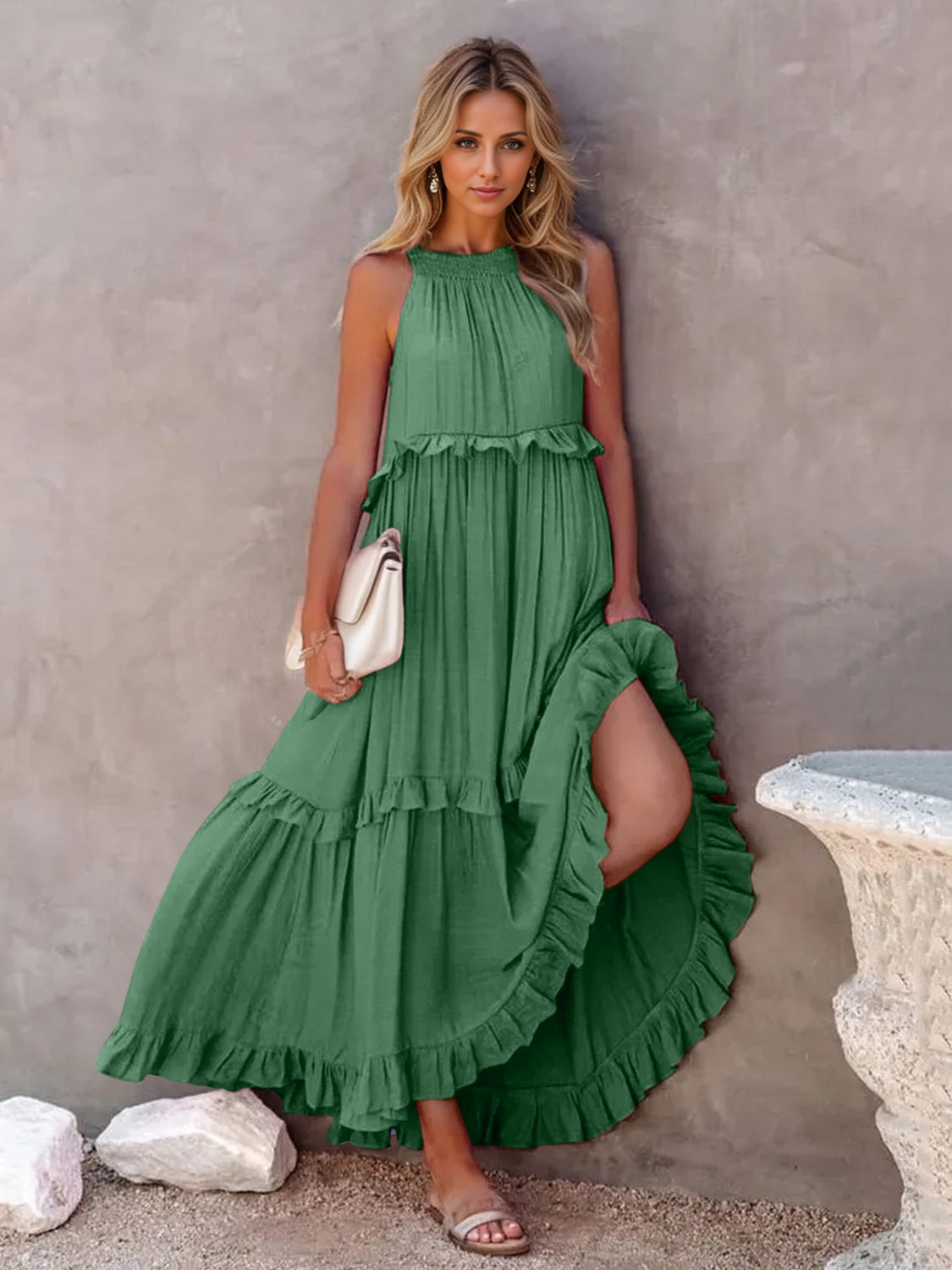 Ruffled Sleeveless Tiered Maxi Dress with Pockets - ThingsWeUseAndLove Dark-Green-2XL