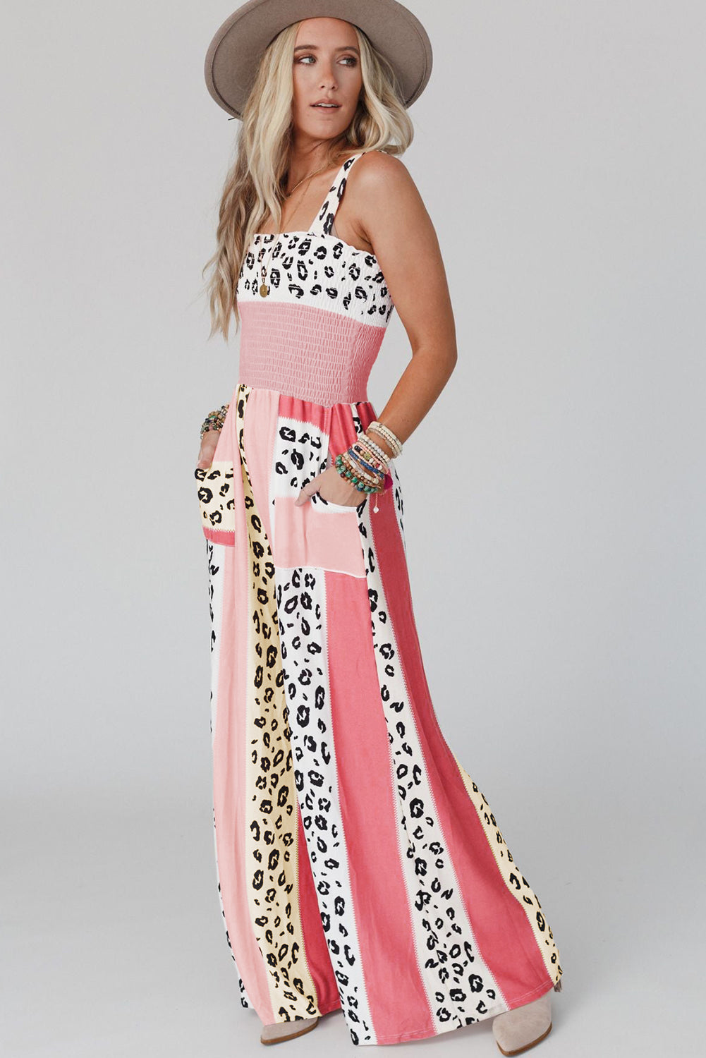 Pink Leopard Color Block Patchwork Strap Jumpsuit - ThingsWeUseAndLove 