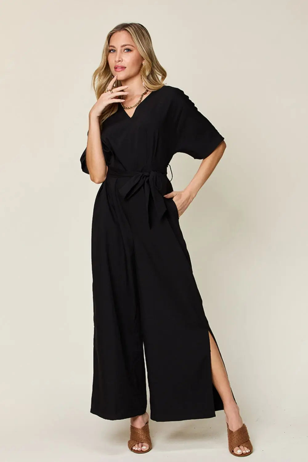 Size Inclusive V-Neck Tied Side Slit Jumpsuit - ThingsWeUseAndLove 