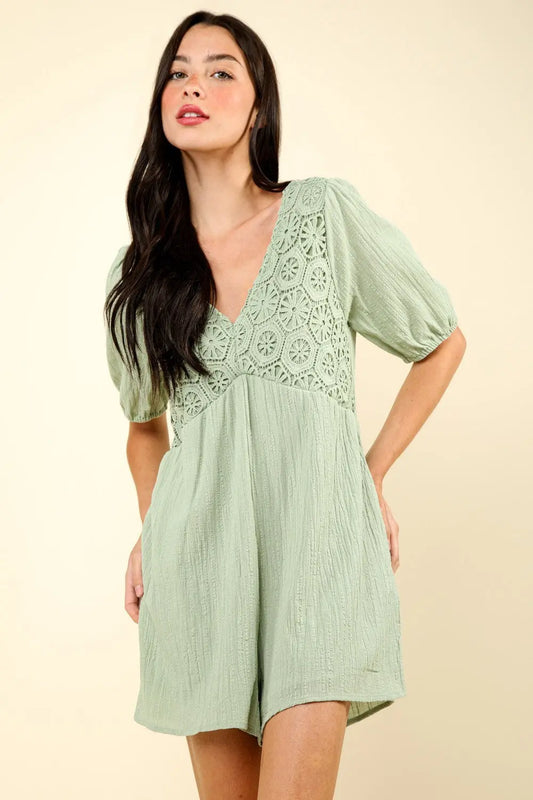 Fida  Lace Detail Puff Sleeve Romper with Pockets - ThingsWeUseAndLove Sage-L