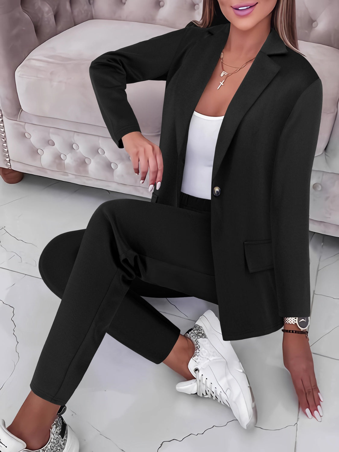 Kelli Long Sleeve Lapel Collar  Top and Pants Set - ThingsWeUseAndLove Black-2XL