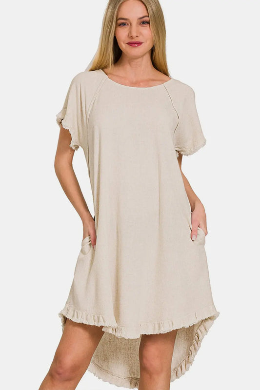 Sol Fringe Edge High Low Flowy Dress with Pockets - ThingsWeUseAndLove Beige-L