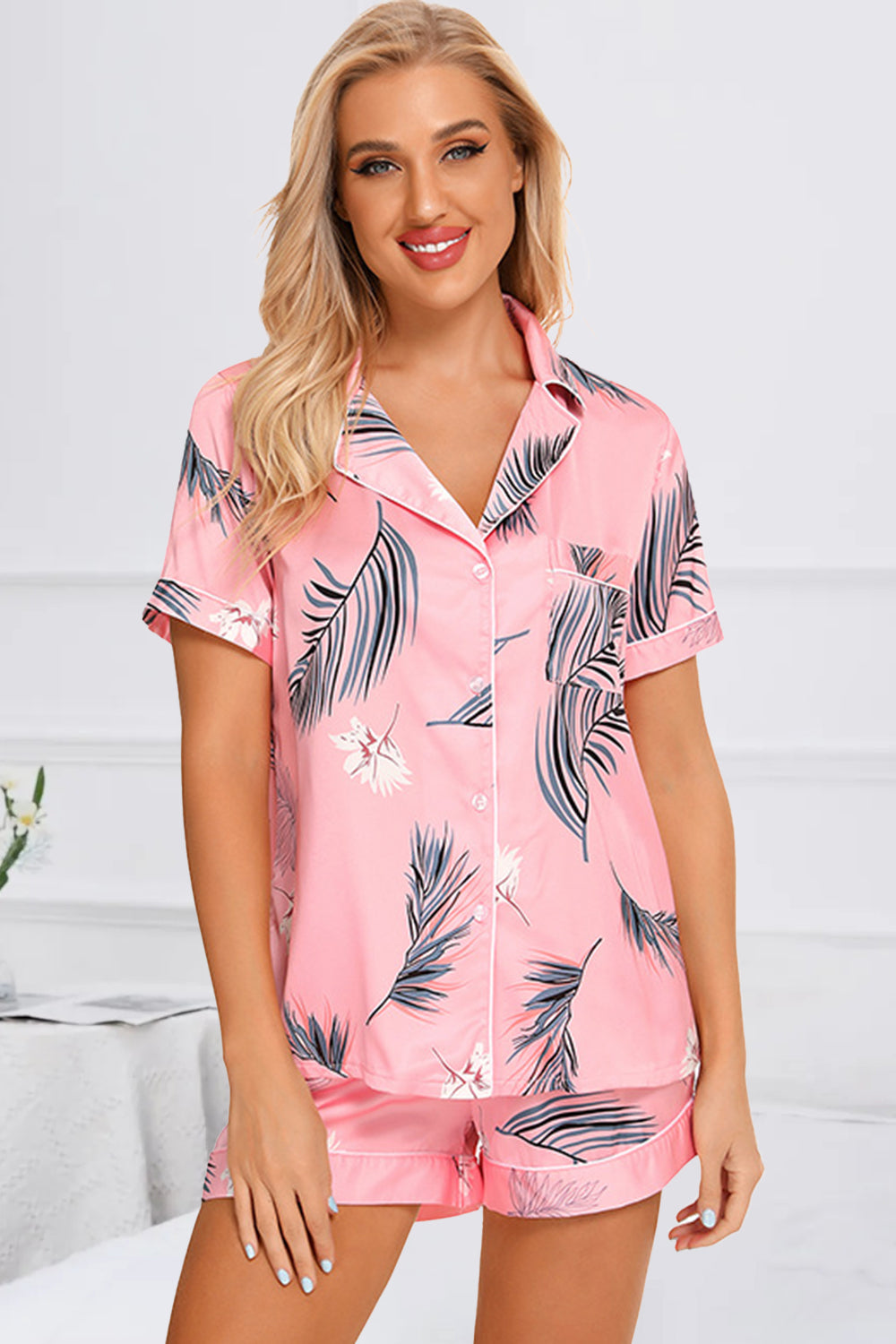 Printed Button Up Short Sleeve Top and Shorts Lounge Set - ThingsWeUseAndLove Pink-2XL