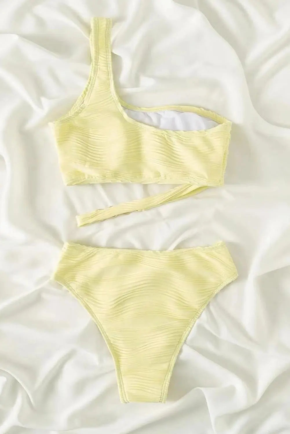 Asymmetrical Yellow Cream Wavy Textured  One Shoulder Bikini - ThingsWeUseAndLove 