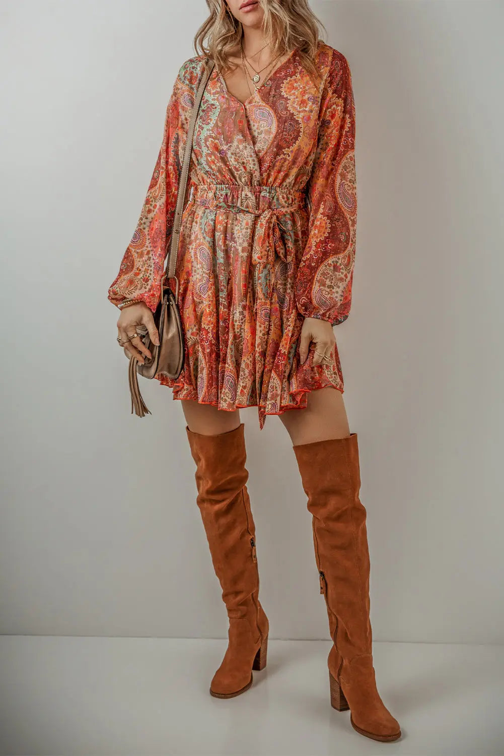 Orange Boho Paisley Print Long Sleeve Pleated Belted Mini Dress - ThingsWeUseAndLove 