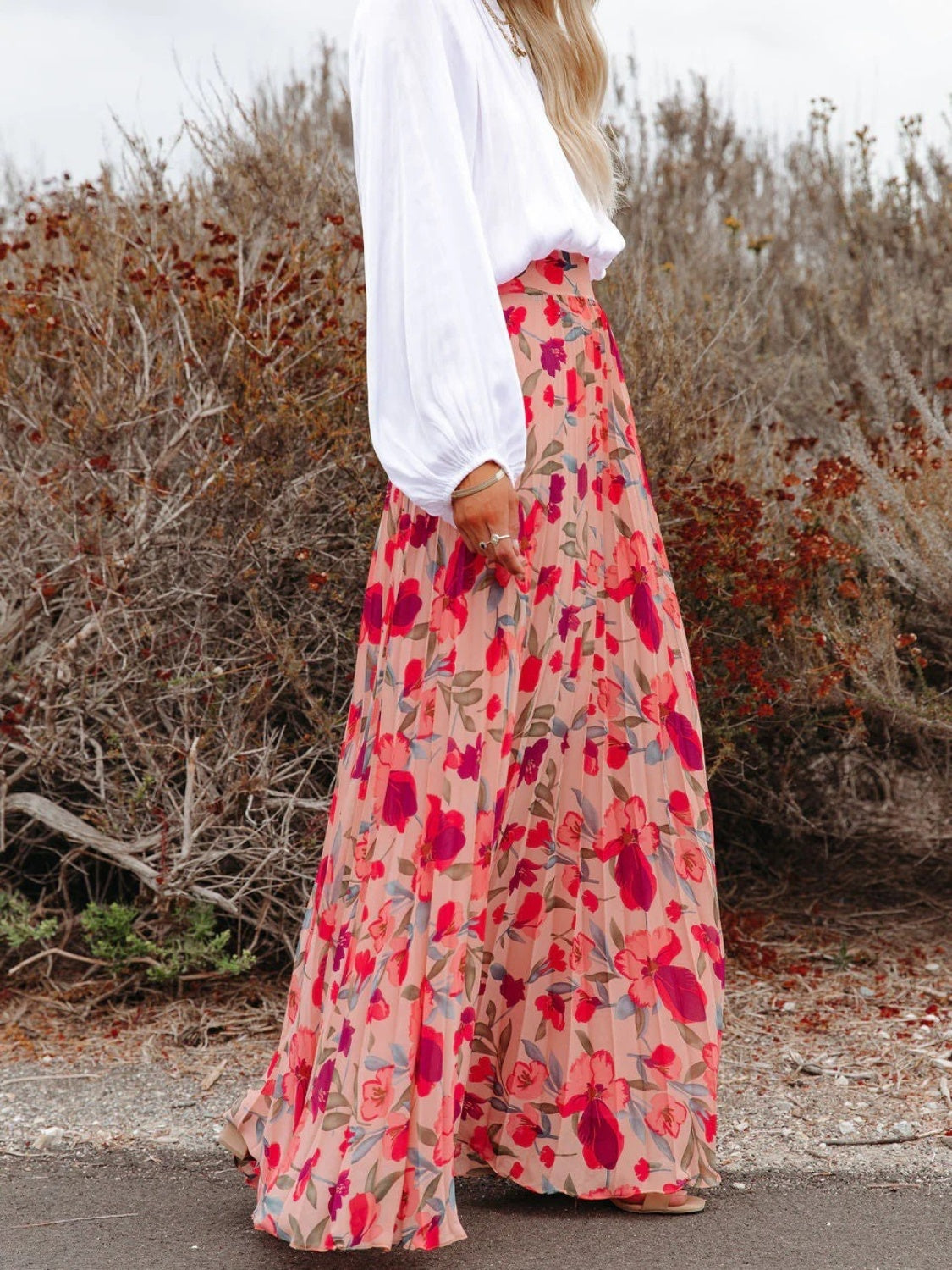 Printed Elastic Waist Pleated Maxi Skirt - ThingsWeUseAndLove 