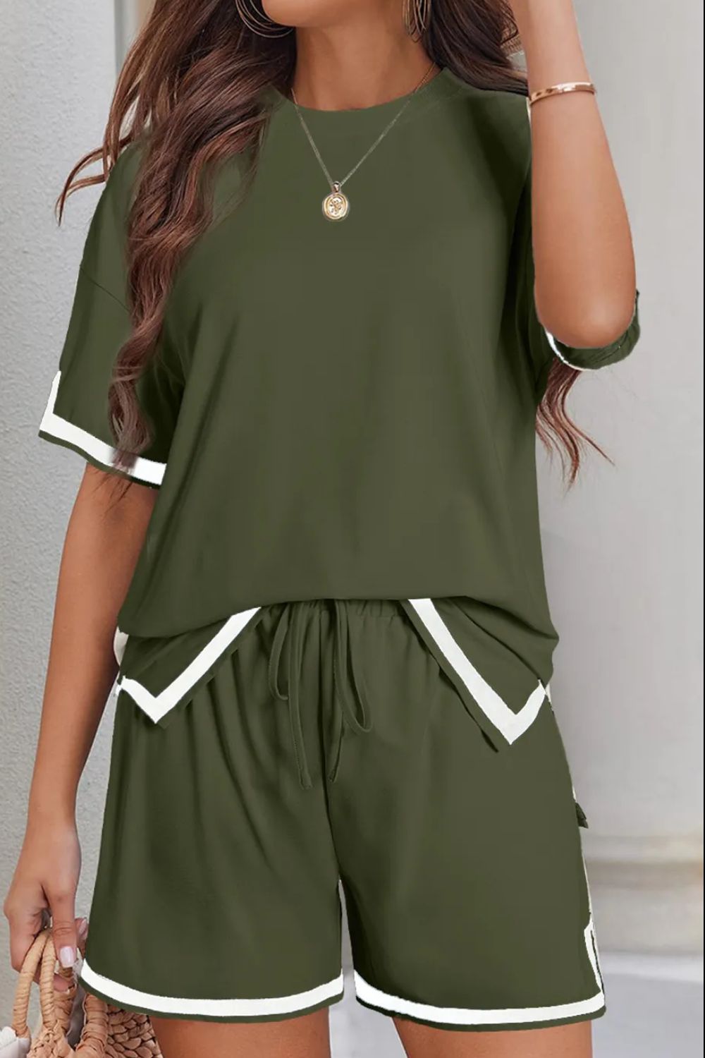 Classy Casual Round Neck Short Sleeve Shorts Set - ThingsWeUseAndLove Army-Green-XL