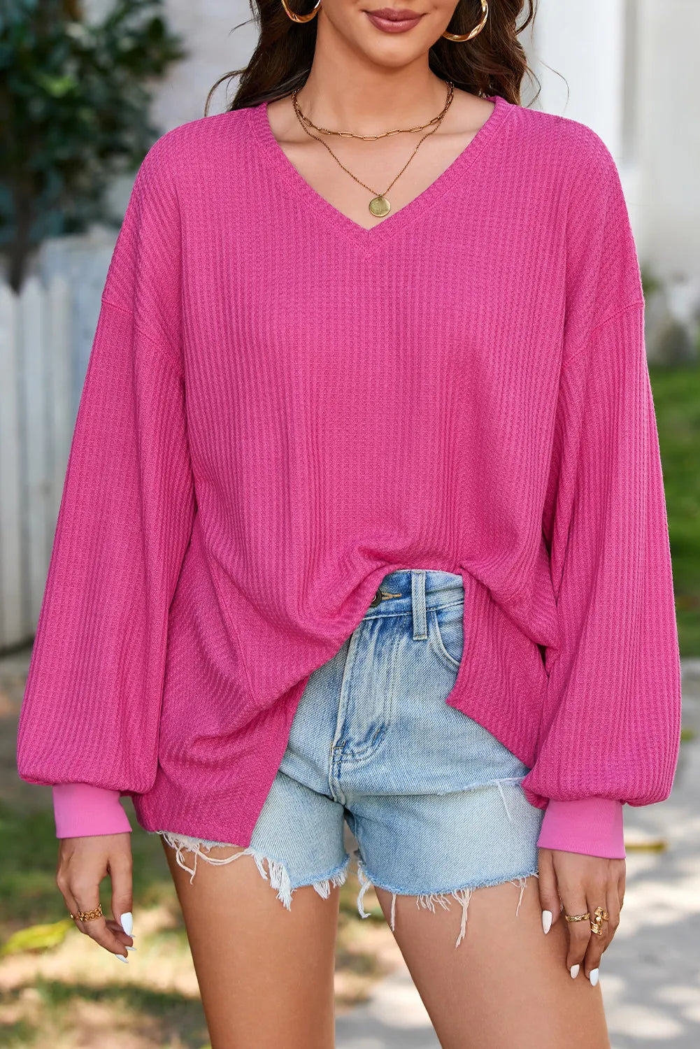 Valencia Waffle-Knit V-Neck Long Sleeve Top