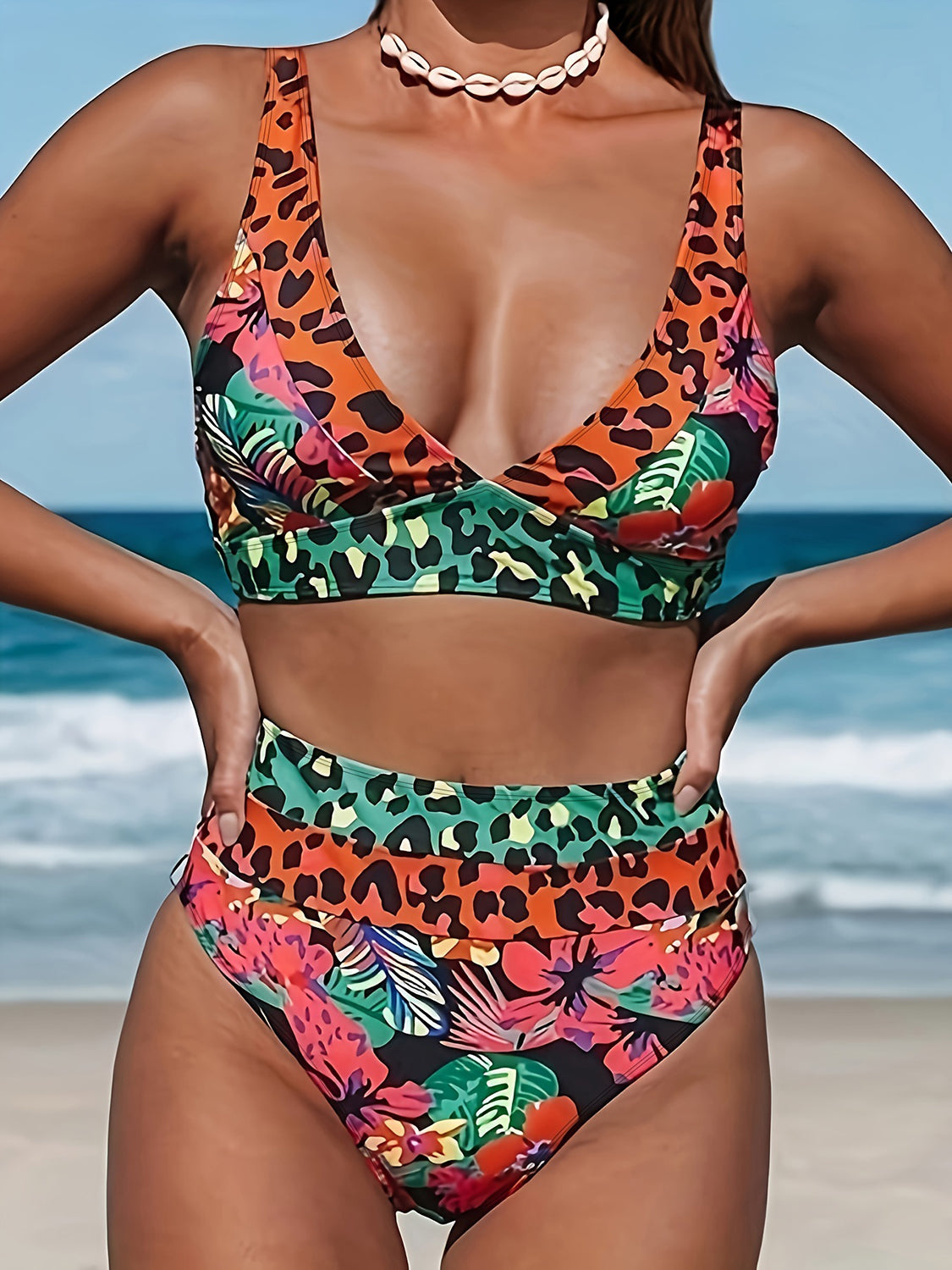 Leopard Plunge Wide Strap Two-Piece Swim Set - ThingsWeUseAndLove 