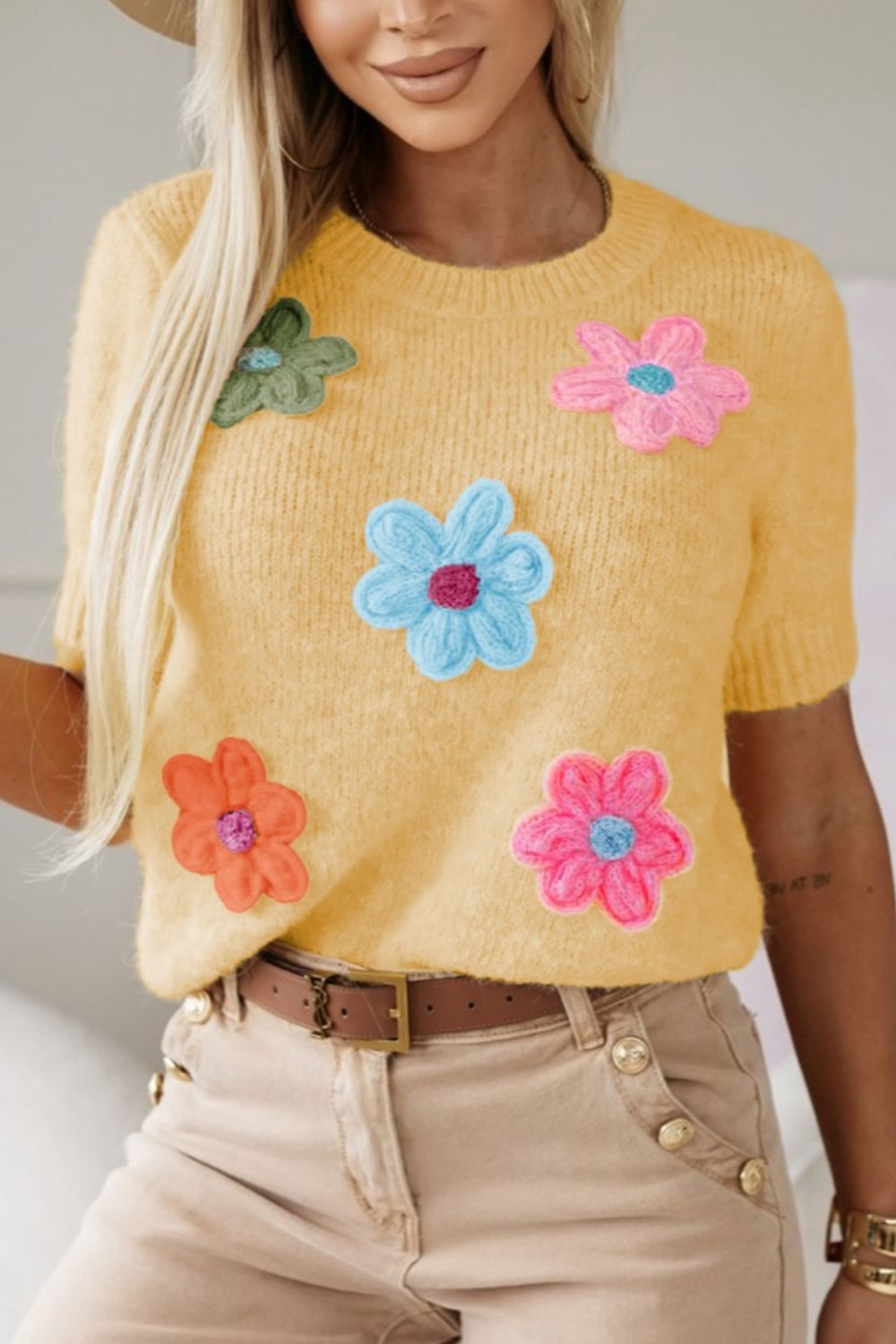 Flower Power Short Sleeve Sweater - ThingsWeUseAndLove Pastel-Yellow-L