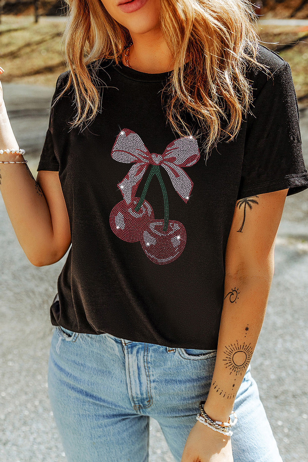 Cherry Graphic Round Neck Short Sleeve T-Shirt - ThingsWeUseAndLove Black-XL