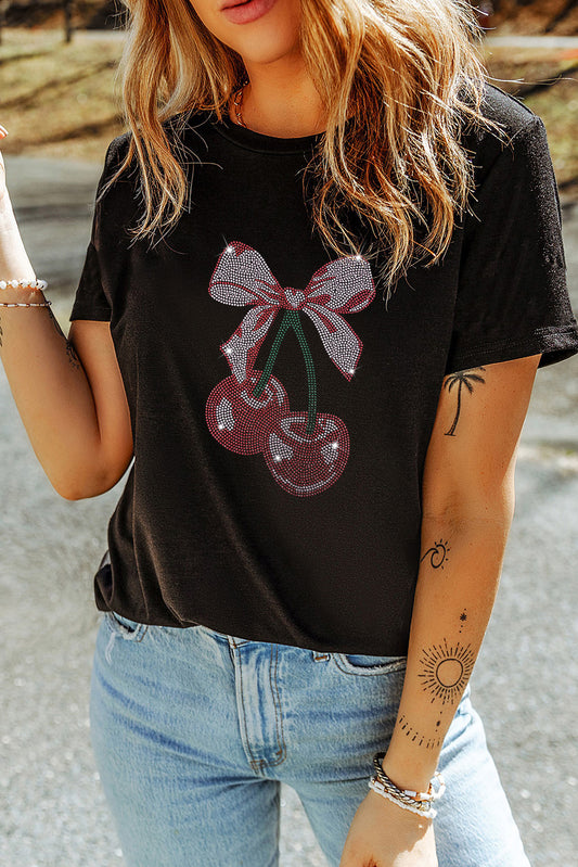 Cherry Graphic Round Neck Short Sleeve T-Shirt - ThingsWeUseAndLove Black-XL