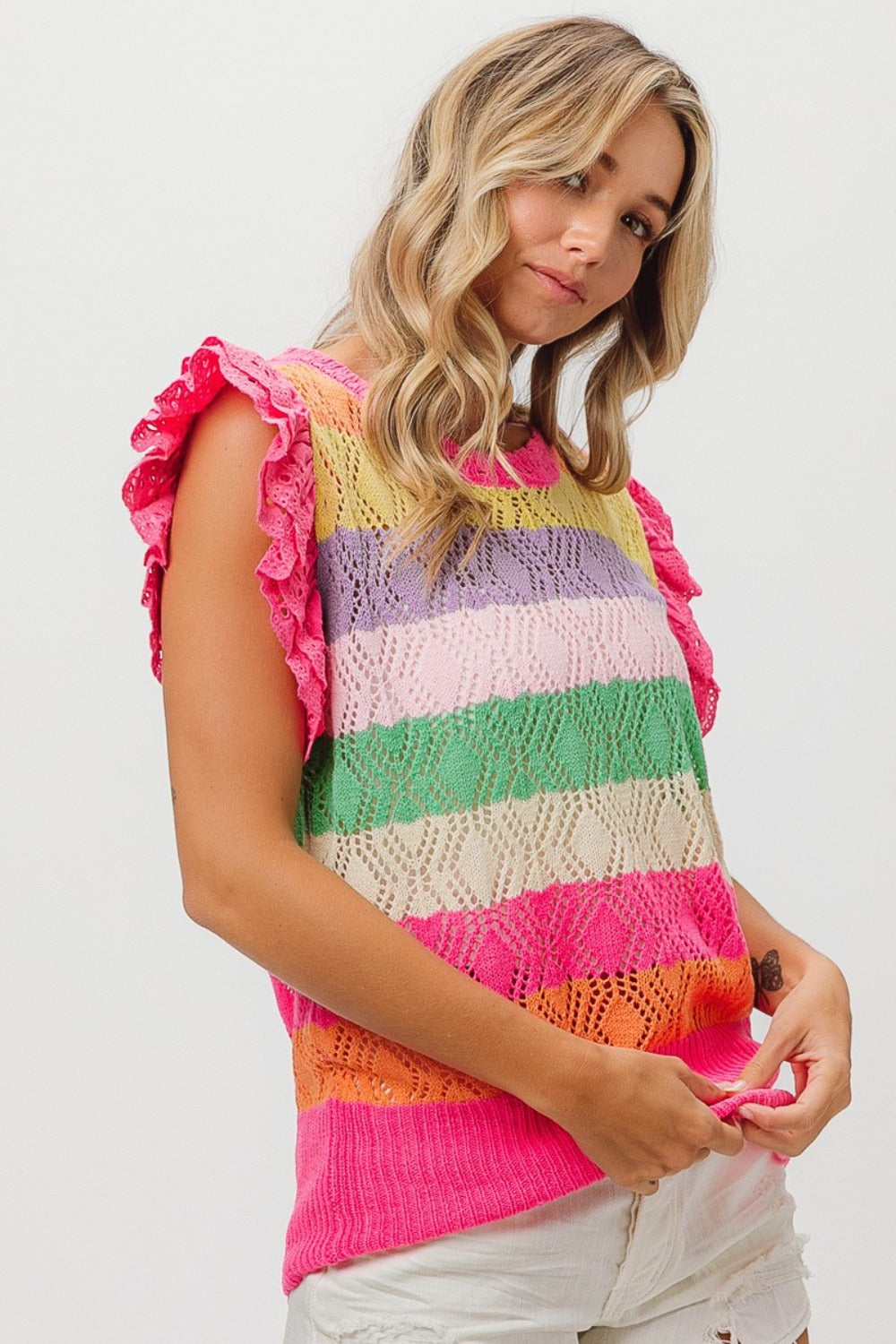 Rainbow  Striped Ruffled Knit Top - ThingsWeUseAndLove 