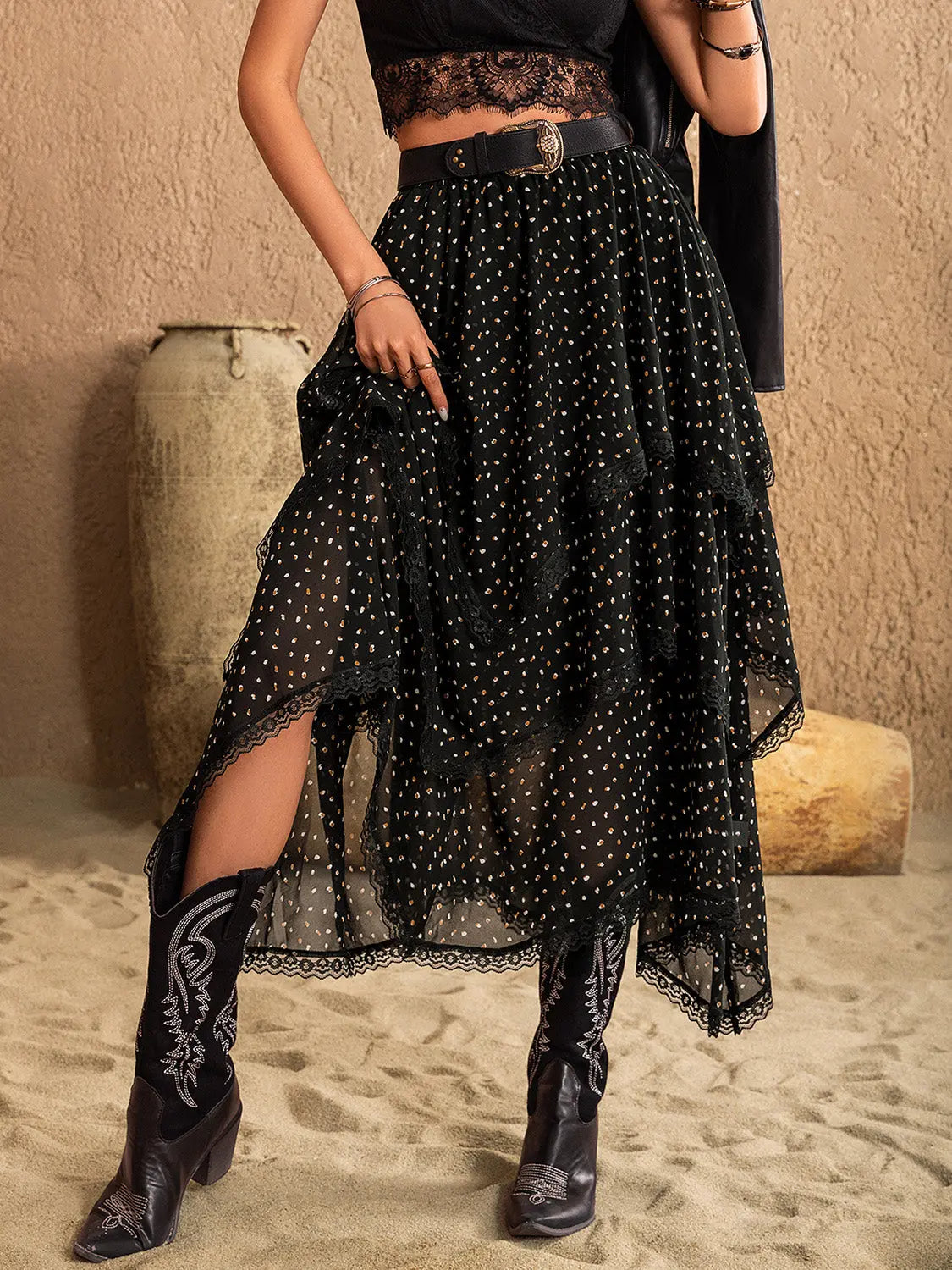 Lace Detail Layered Midi Skirt - ThingsWeUseAndLove 