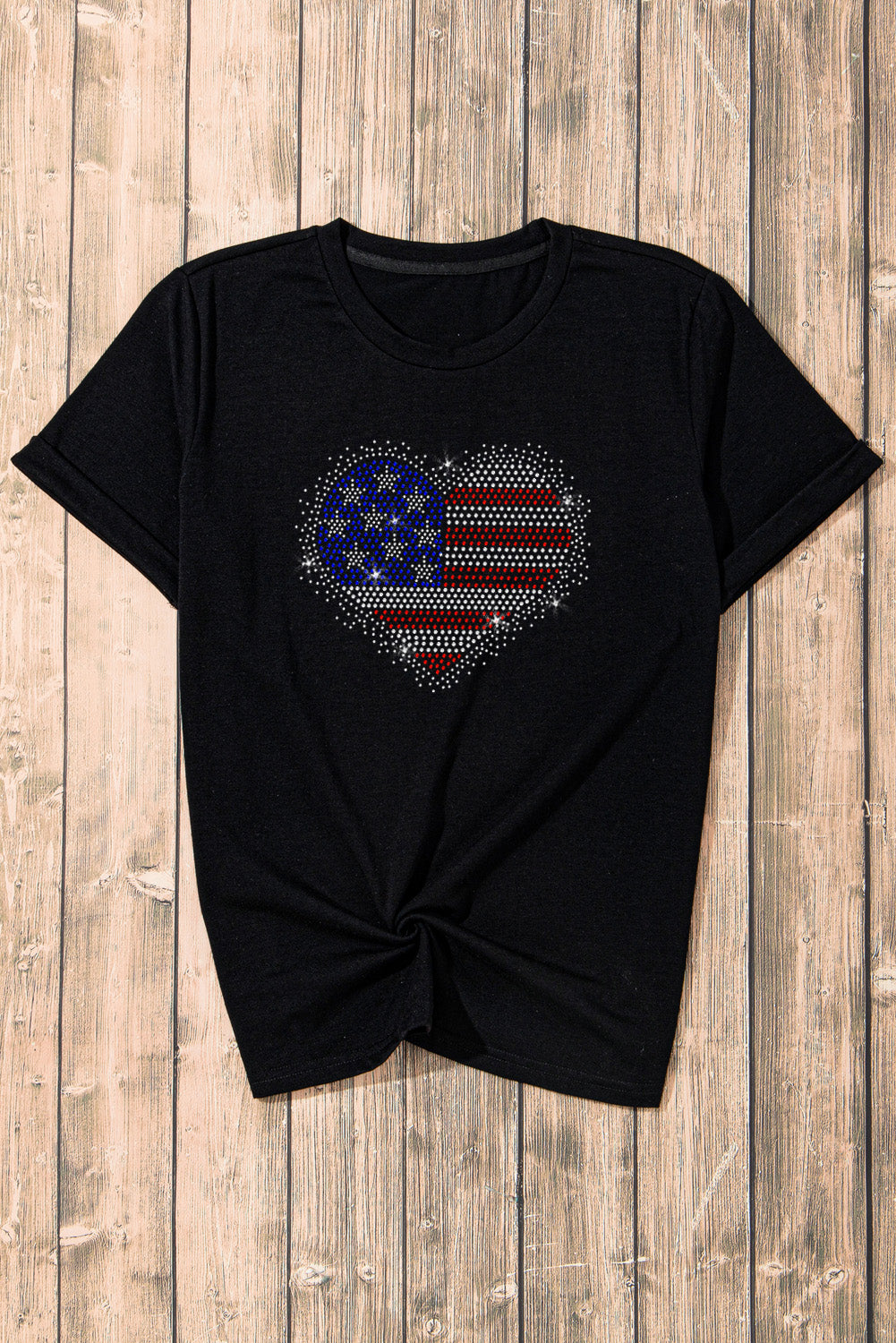 Rhinestone Heart Round Neck Short Sleeve T-Shirt - ThingsWeUseAndLove 