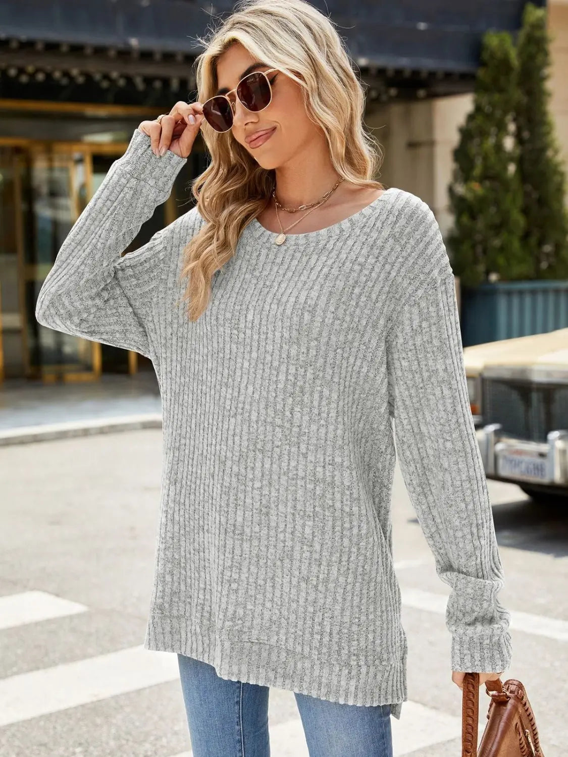 Round Neck Long Sleeve Sweater - ThingsWeUseAndLove 