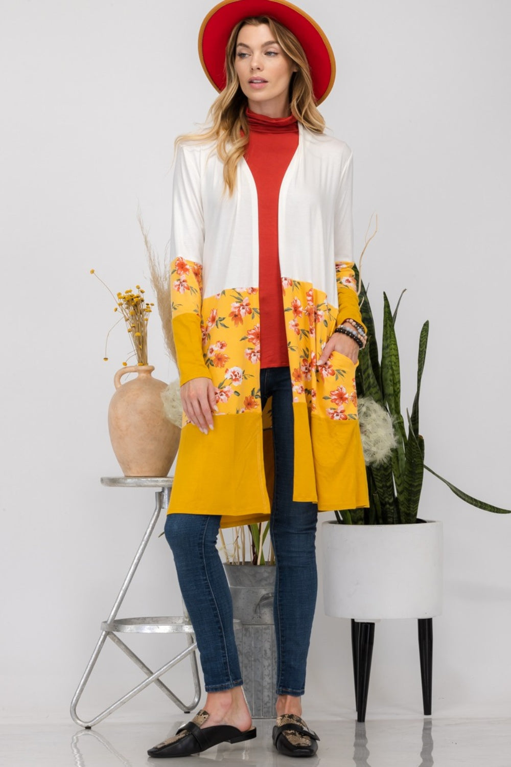 Floral Color Block Ivory/Mustard Open Front Cardigan - ThingsWeUseAndLove 