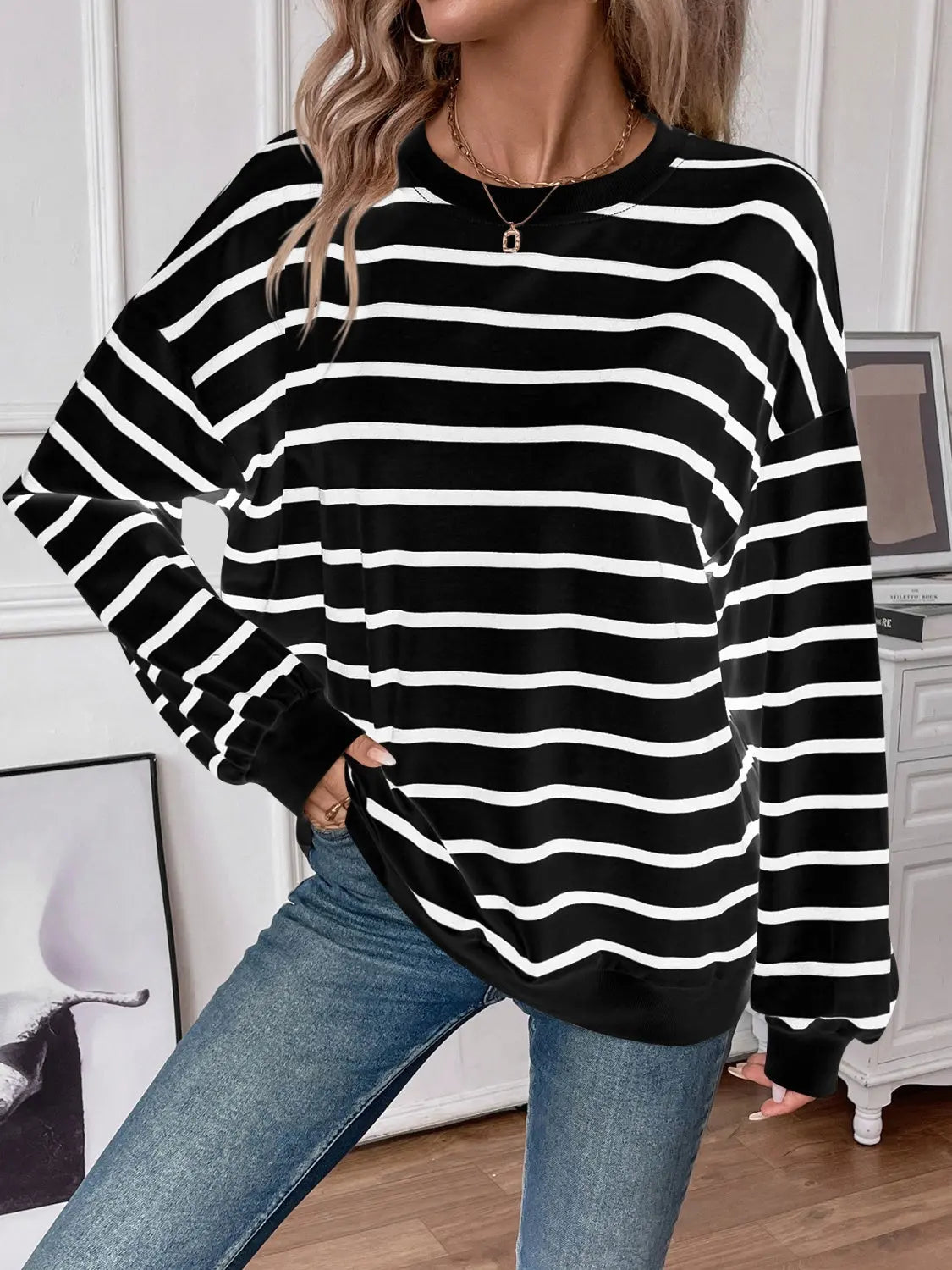 Leslie Striped Round Neck Long Sleeve Sweatshirt - ThingsWeUseAndLove Black-XL