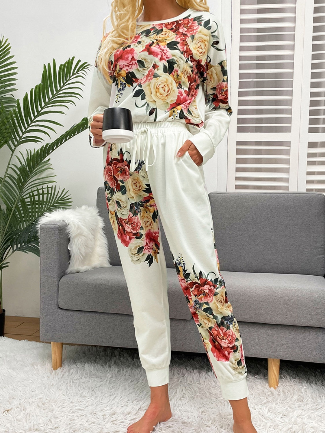 Rose Printed Round Neck Top and Pants Lounge Set - ThingsWeUseAndLove White-2XL