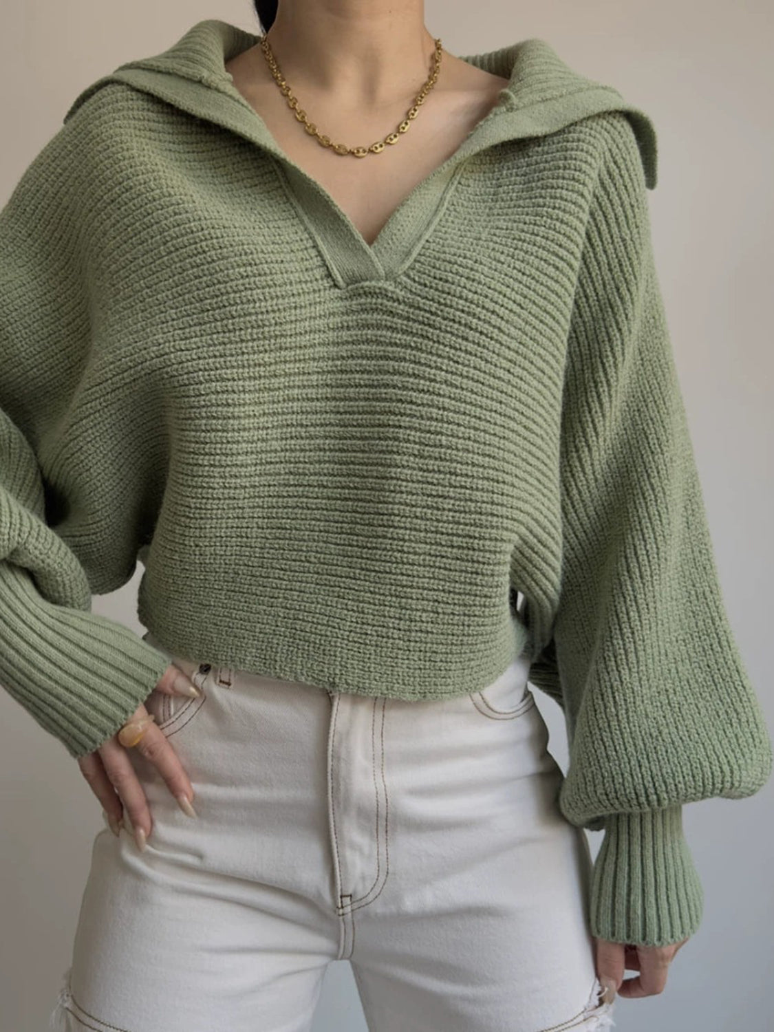 Johnny Collar Long Sleeve Sweater - ThingsWeUseAndLove Army-Green-XL