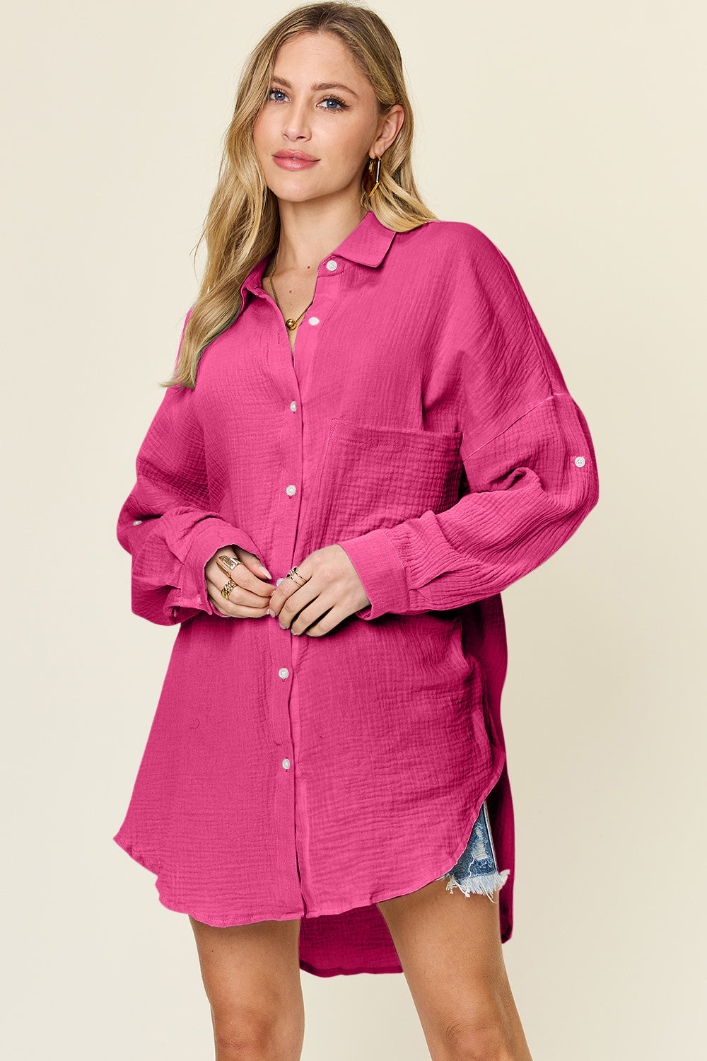 Simone Size Inclusive Pocketed Texture Button Up Shirt - ThingsWeUseAndLove 