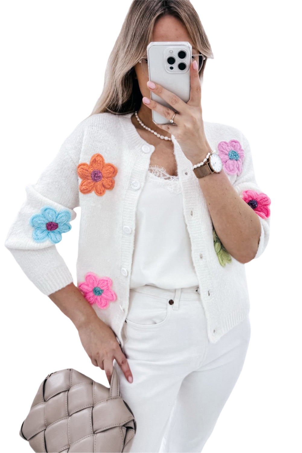 White Cute Flower Pattern Button-Up Cardigan - ThingsWeUseAndLove 