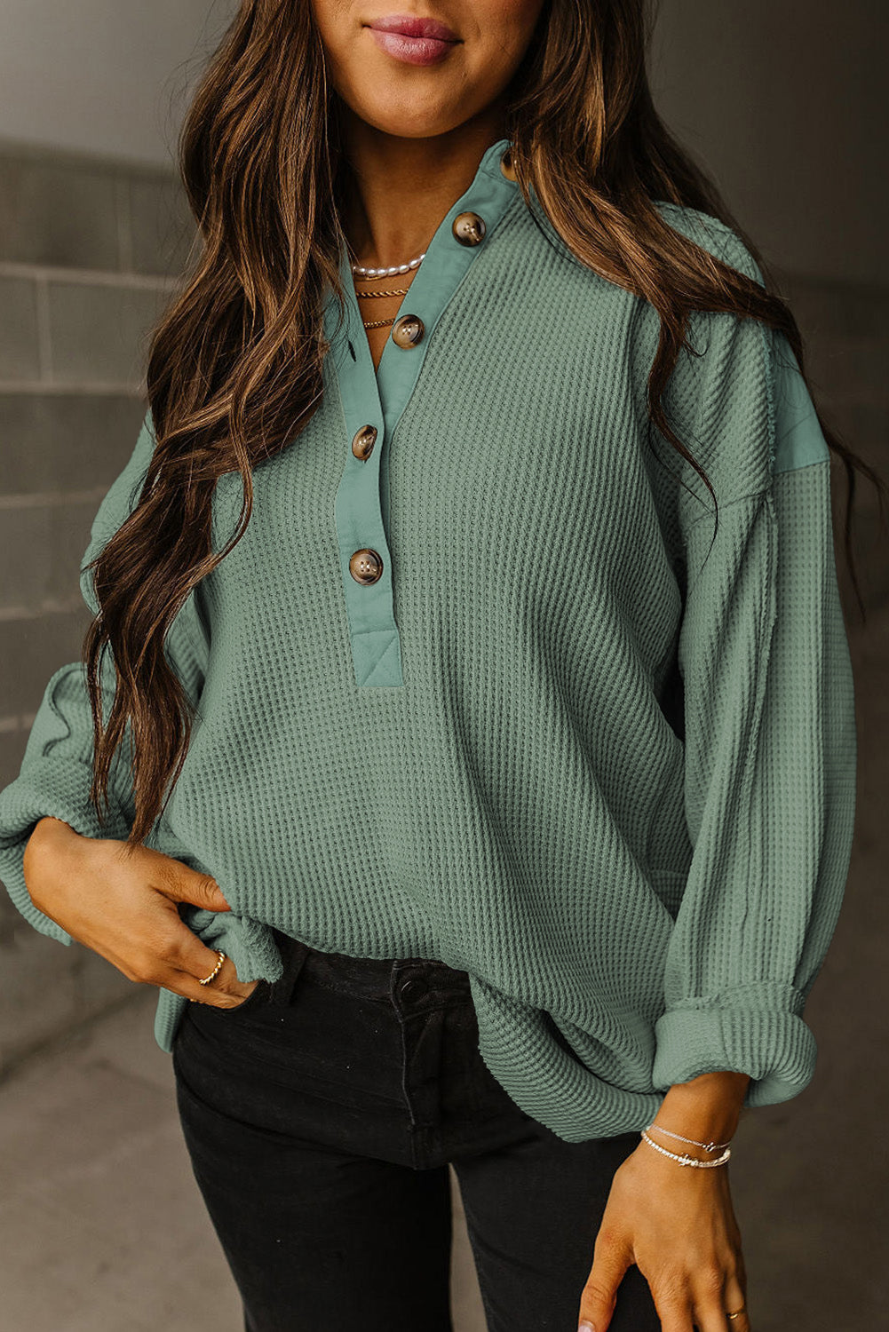 Waffle Patchwork Drop Sleeve Henley Top - ThingsWeUseAndLove Smoke-Green-XL