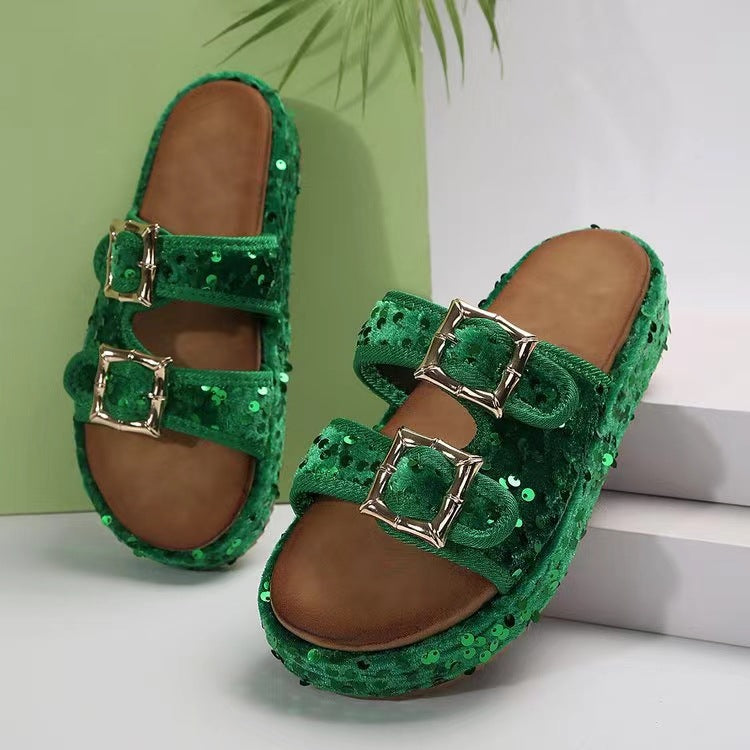 Sequin Trim Open Toe Sandals - ThingsWeUseAndLove 