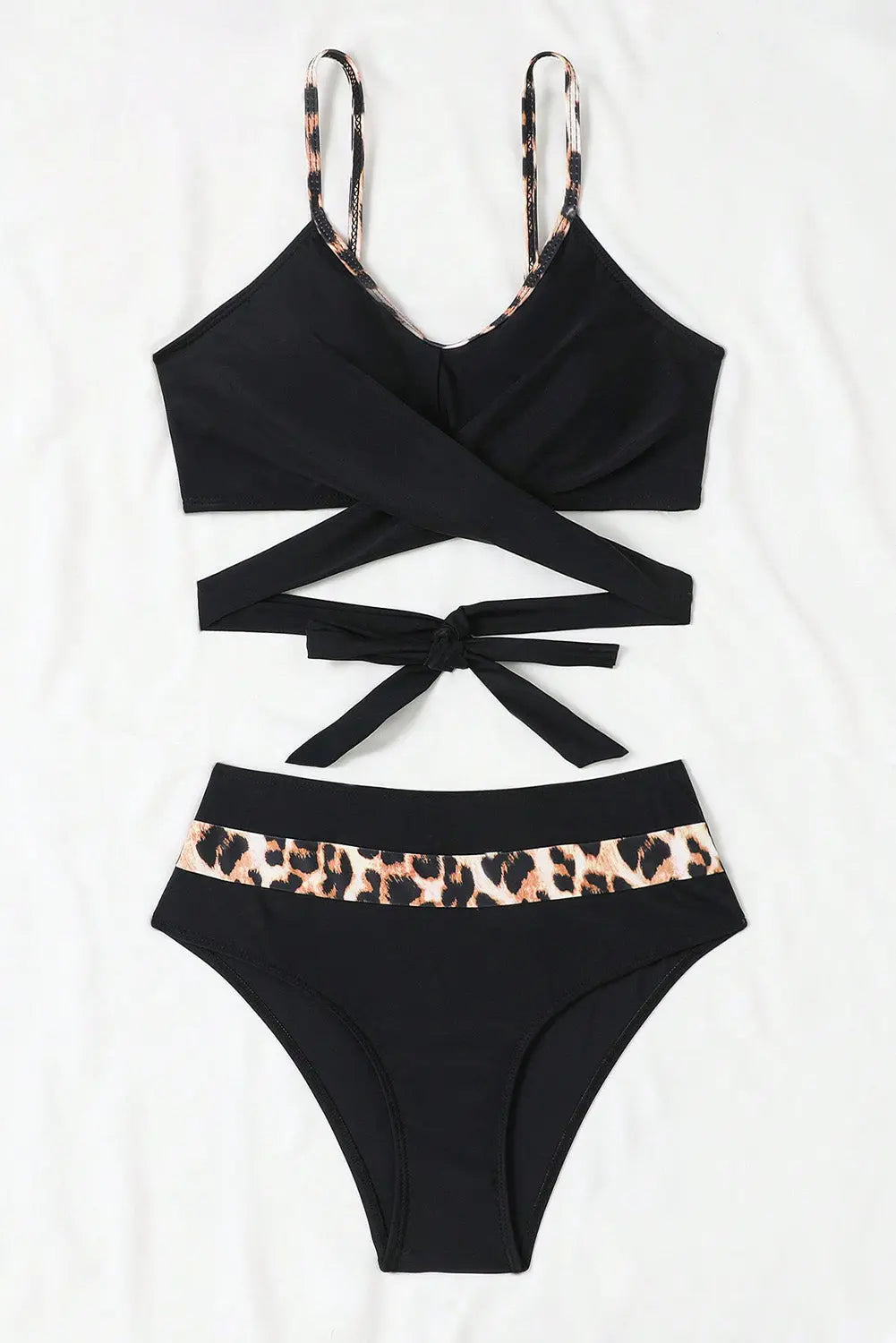 Criss Cross Tie Spaghetti Straps Black Leopard Splicing Bikini - ThingsWeUseAndLove 