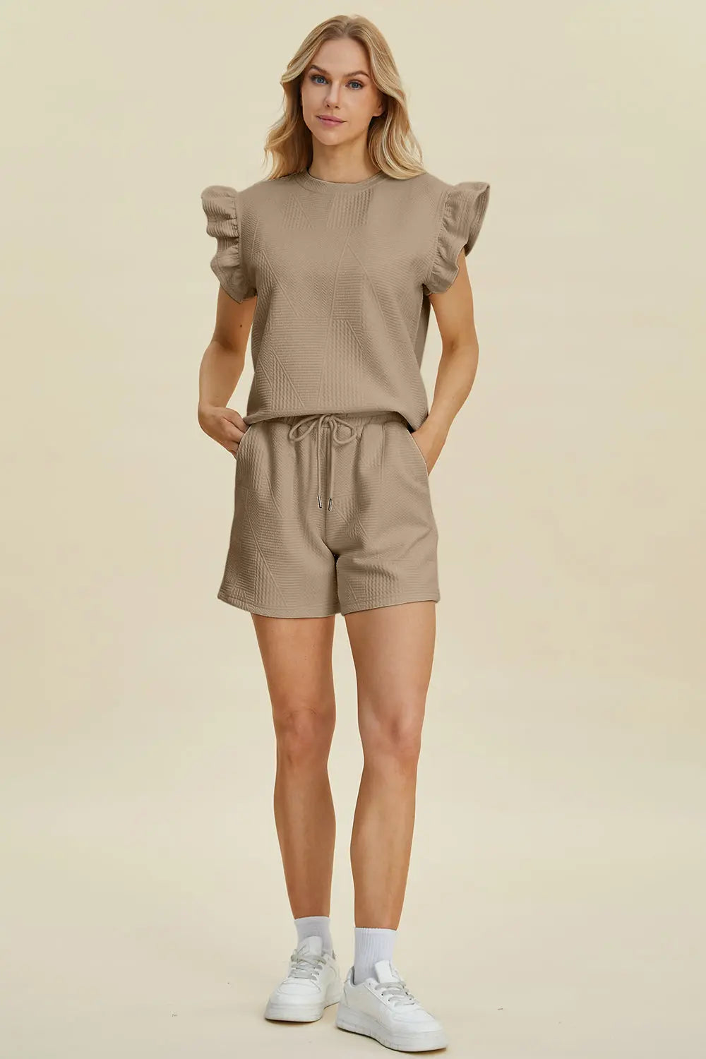 Texture Round Neck Ruffle Sleeve Top and Shorts Set - ThingsWeUseAndLove 