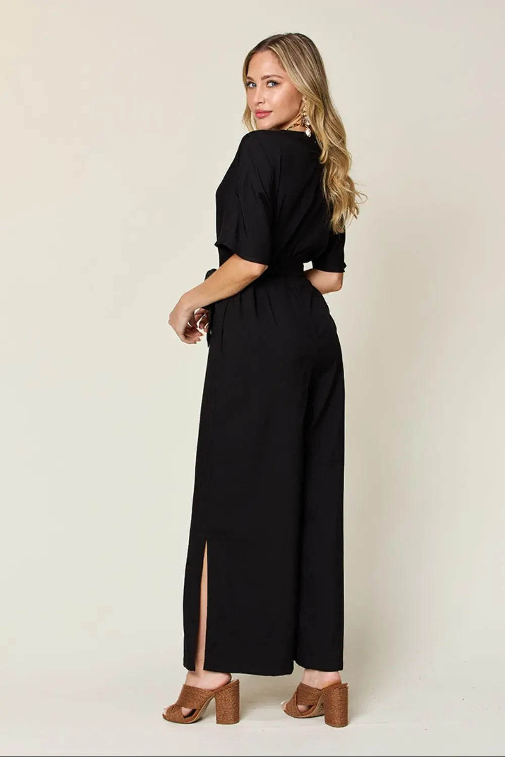 Size Inclusive V-Neck Tied Side Slit Jumpsuit - ThingsWeUseAndLove 