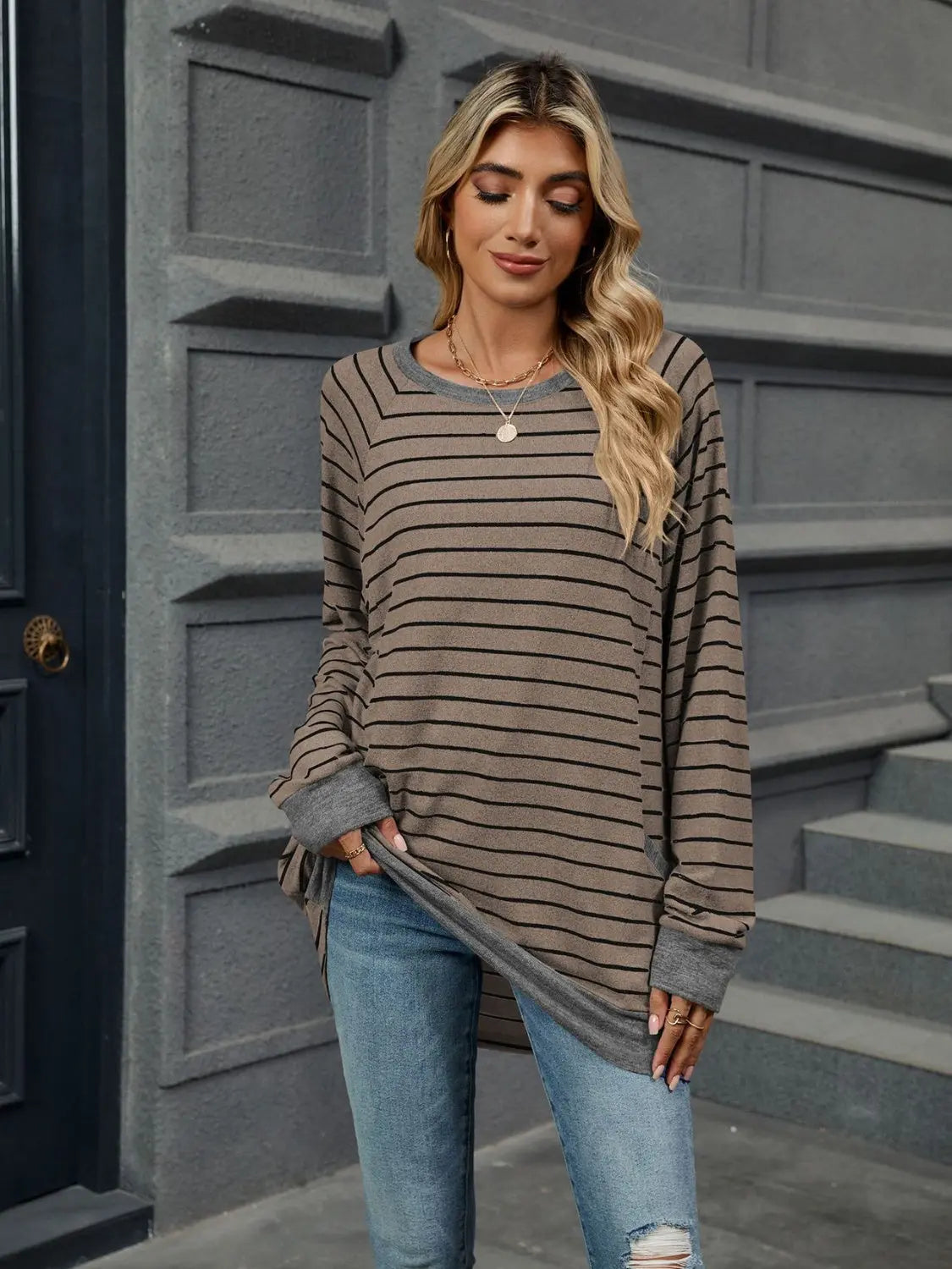 Round Neck Long Sleeve Pocketed Striped Sweater - ThingsWeUseAndLove Taupe-2XL