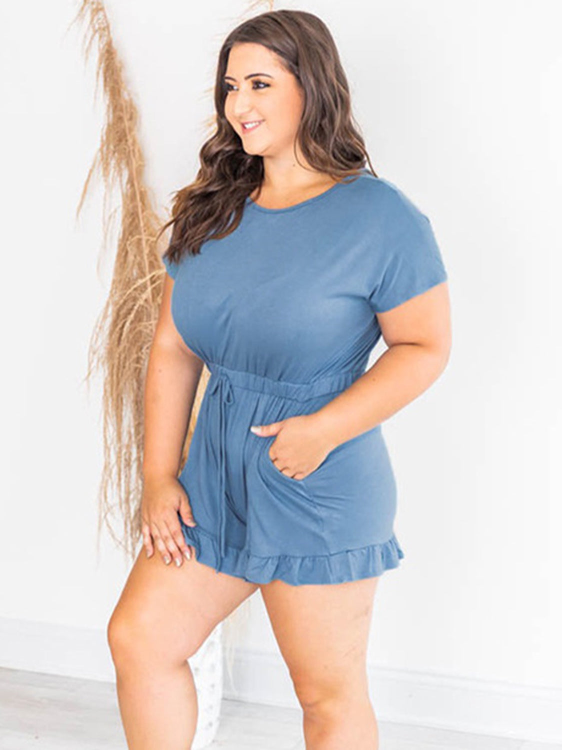 Ruffled Boat Neck Short Sleeve Romper - ThingsWeUseAndLove 