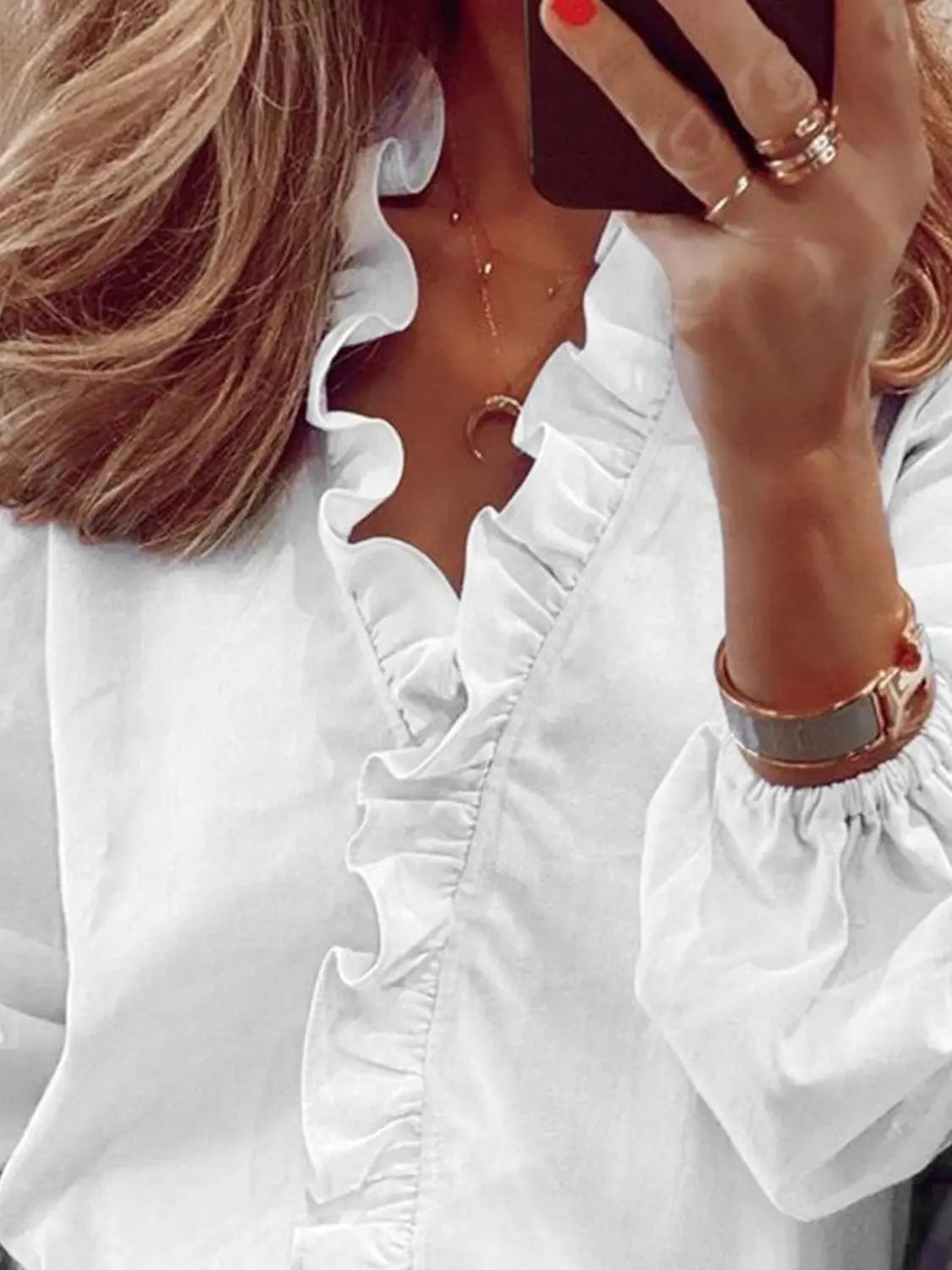 Full Size Ruffled V-Neck Long Sleeve Blouse - ThingsWeUseAndLove 