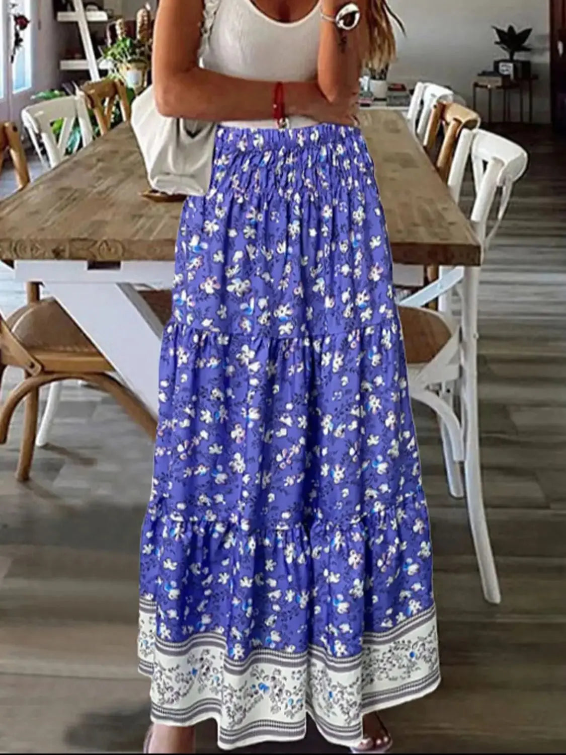 Tiered Printed Elastic Waist Skirt - ThingsWeUseAndLove 