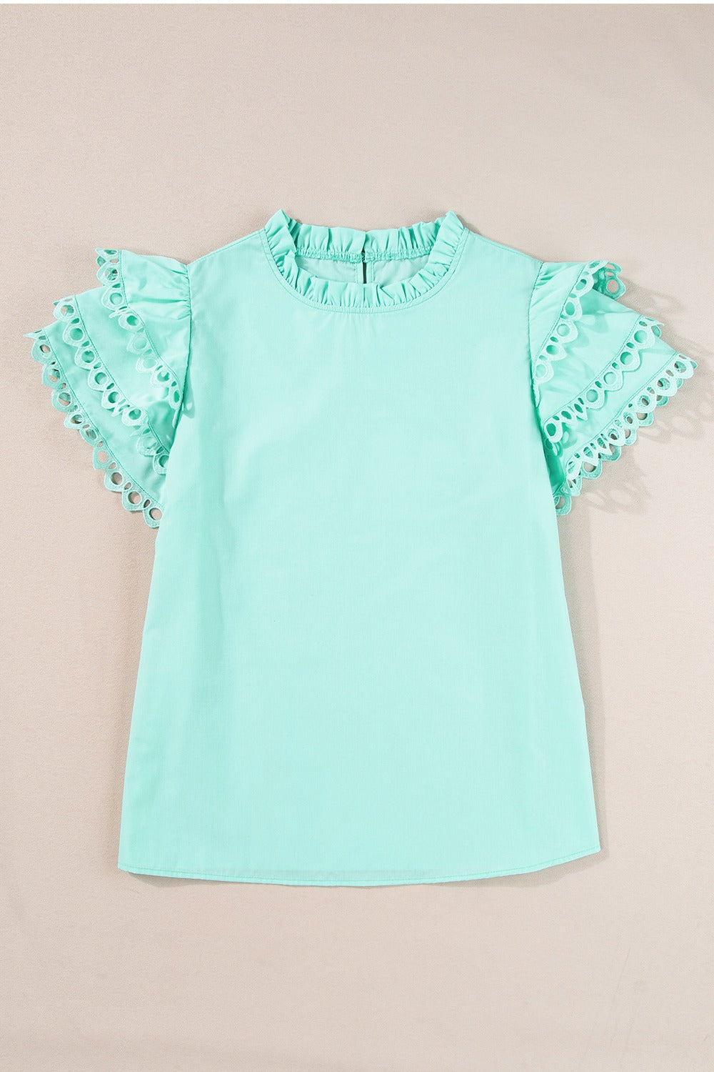 Ruffled Eyelet Round Neck Cap Sleeve Blouse - ThingsWeUseAndLove 