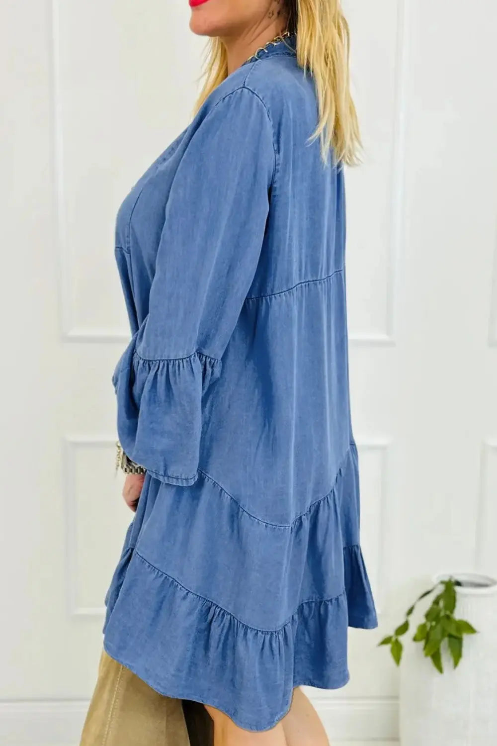 Nura Notched Flare Sleeve Denim Dress - ThingsWeUseAndLove 