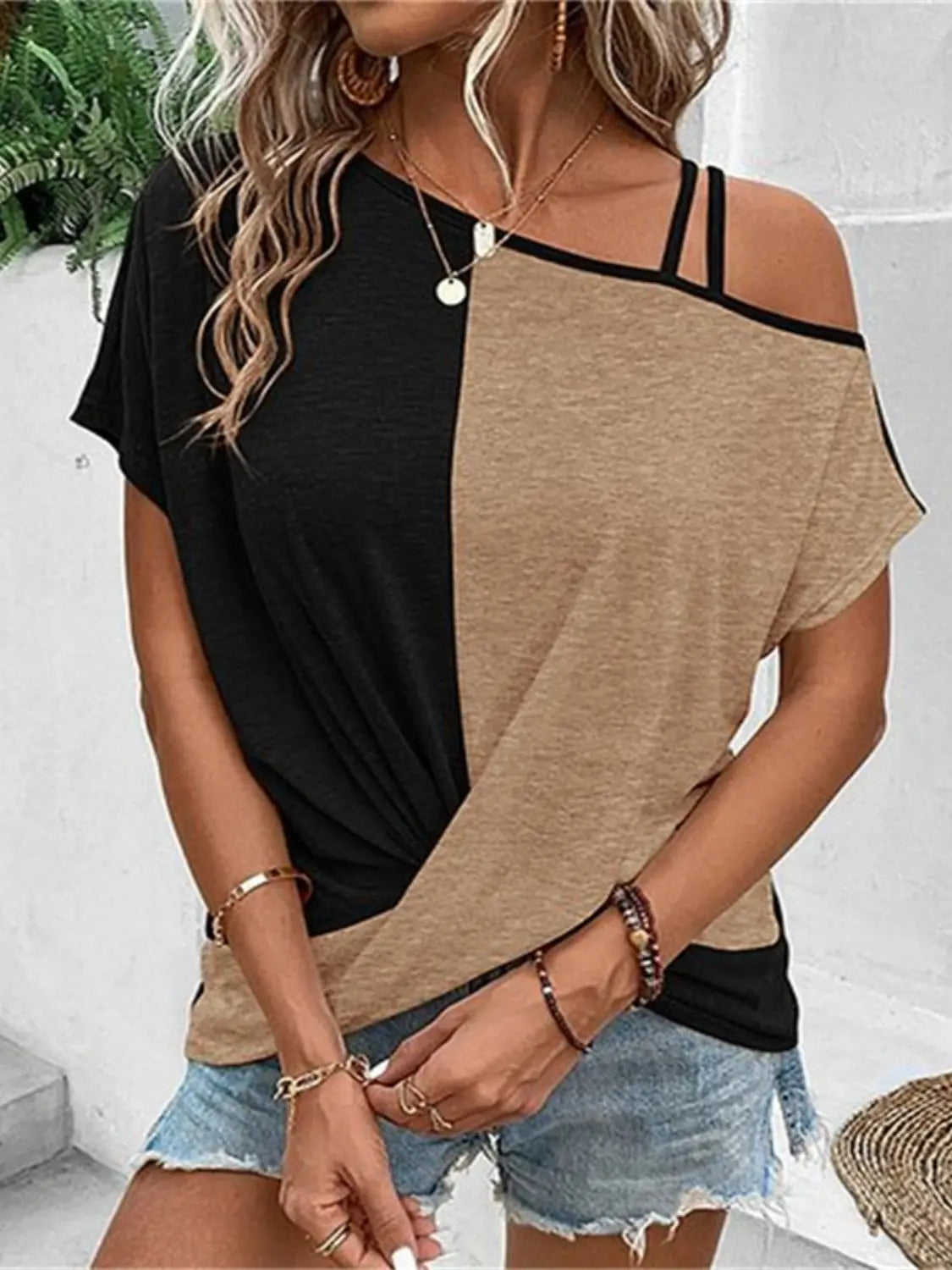 Colleen Contrast Asymmetrical Neck Short Sleeve T-Shirt - ThingsWeUseAndLove Camel-2XL