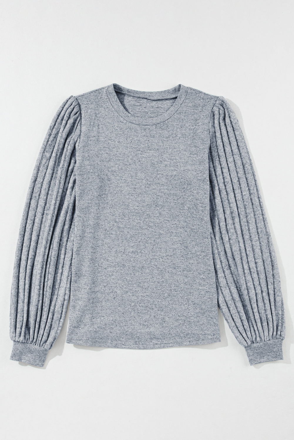 Gray Solid Color Contrast Ribbed Bishop Sleeve Top - ThingsWeUseAndLove 