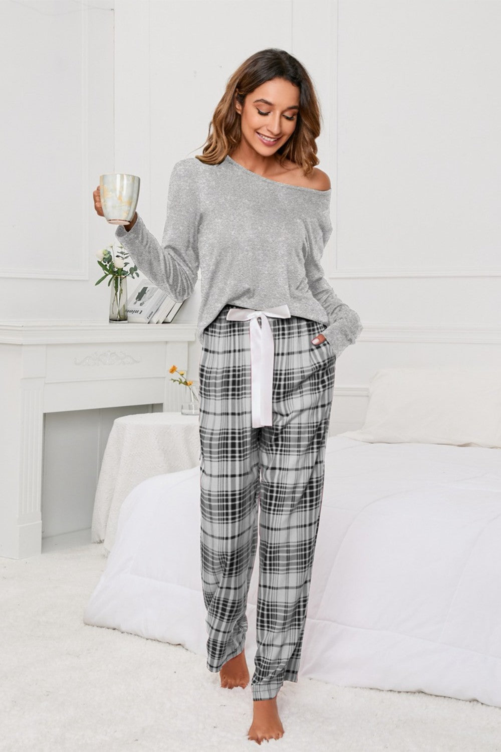 Lace Round Neck Long Sleeve Top and Bow Plaid Pants Lounge Set - ThingsWeUseAndLove Dark-Gray-XL