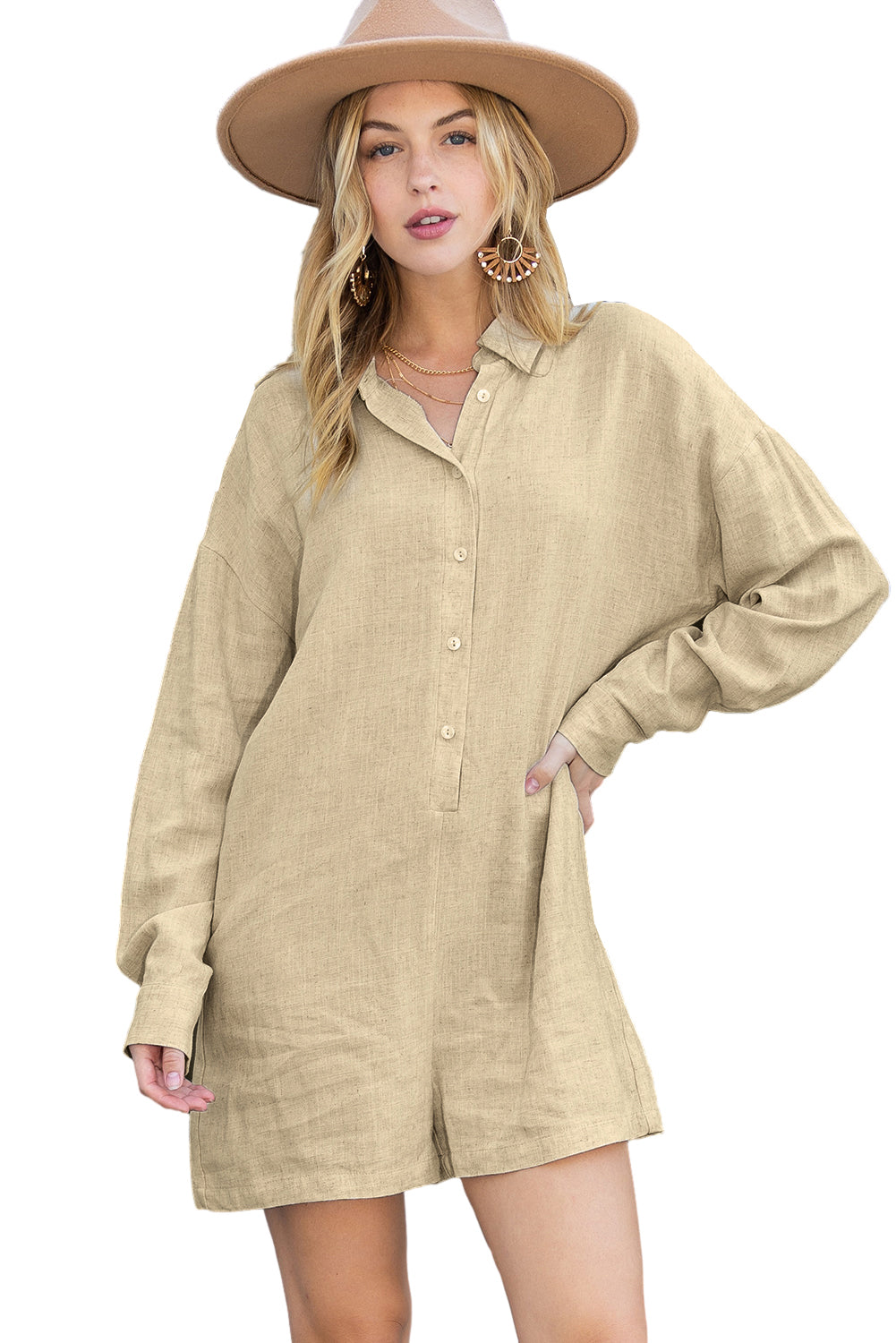 Beige Solid Color Half Buttoned Shirt Romper - ThingsWeUseAndLove 